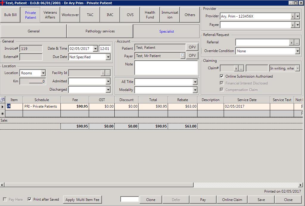 SCREENSHOT 20 RECEIPT WINDOW Example 2: Changing the Item Code that was invoiced Patient A was invoiced item code 23 and payment has been allocated.