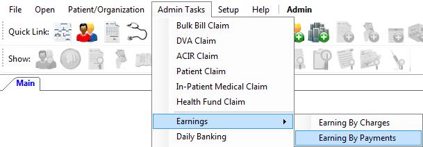 1. On the Main Menu, select Admin Tasks Earnings-Earnings by Payments 2. The Earnings by Payments window will now appear 3.