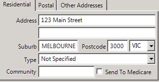 Residential/Postal/Other Addresses tab, enter the patients: Address, Suburb, Postcode