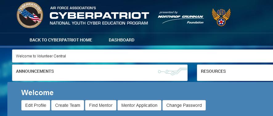 CyberPatriot VIII Registration After you submit your Volunteer Registration Form, log into our site using the credentials you created on the form to view your Dashboard and continue the