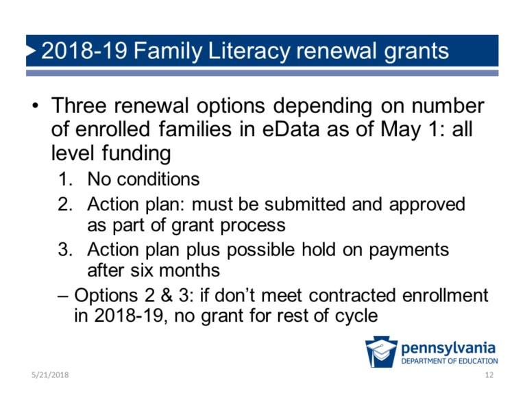 2018-19 Family Literacy renewal grants Three renewal options depending on number of enrolled families in edata as of May 1: all level funding 1. No conditions 2.