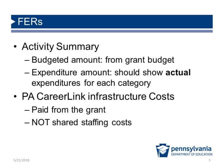 FERs Activity Summary - Budgeted amount: from grant budget - Expenditure amount: should show actual expenditures for each category PA Careerlink infrastructure Costs - Paid from the grant - NOT