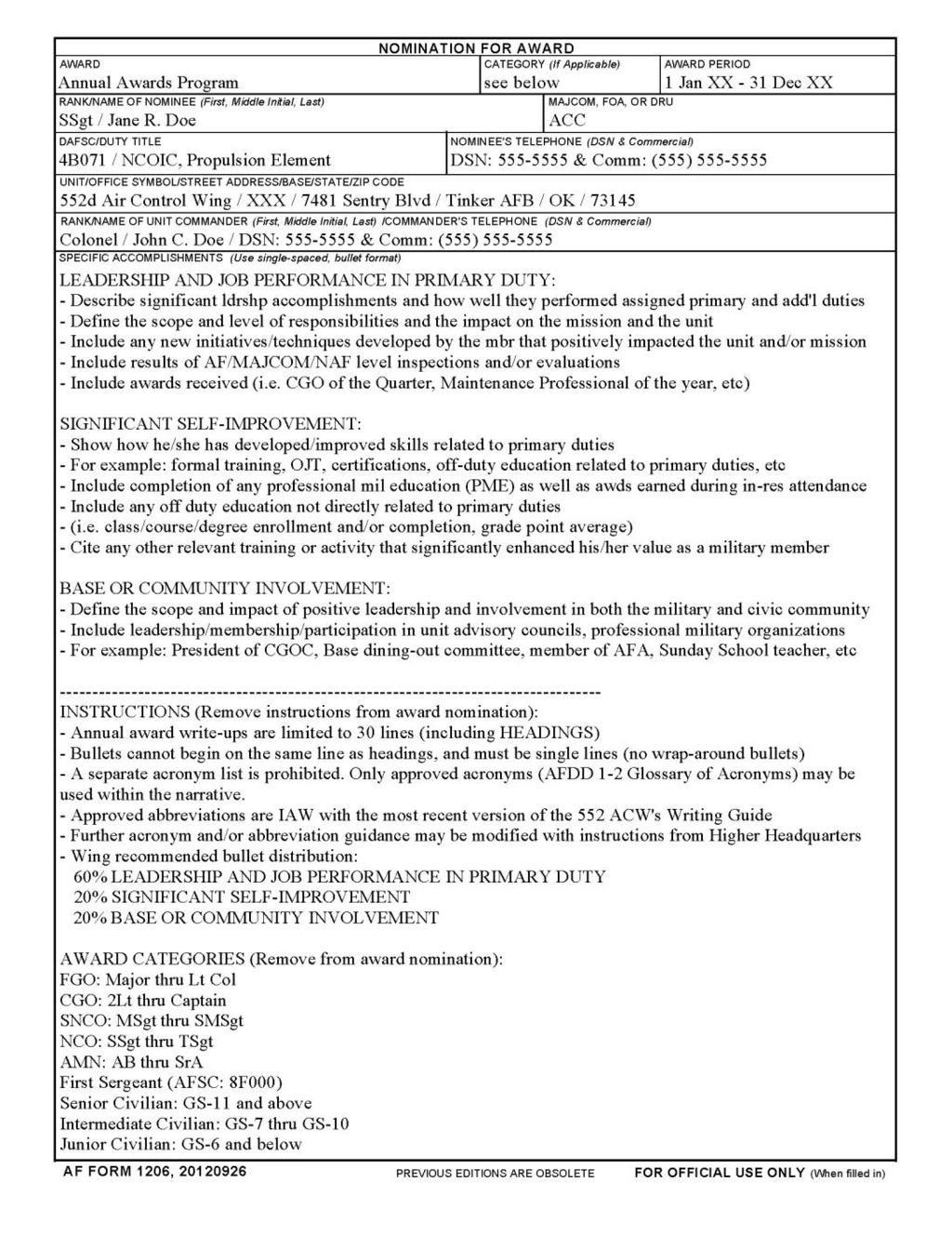 552ACWI36-2801 1 MAY 2014 19 Attachment 9 SAMPLE AF FORM 1206,