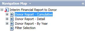 4. Filter Selection Used for information purposes and shows the parameters the report is filtered on. Interim Financial Donor Report have the following views: 1.