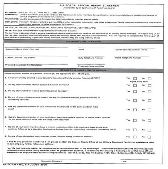 14 GRANDFORKAFBI40-701 6 MARCH 2017 Attachment 3 AIR FORCE SPECIAL NEEDS SCREENER FORM A3.1. This document may contain information covered under the Privacy Act, 5 USC 552(a), and/or the Health