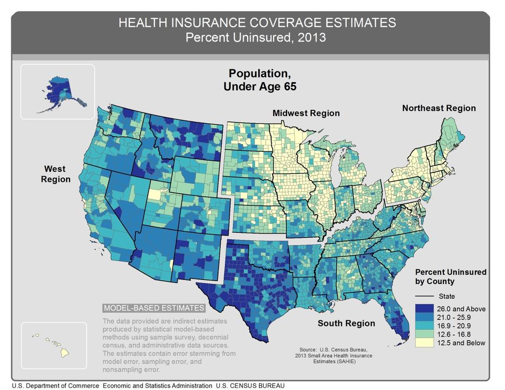 The Small Area Health Insurance Estimates from the U.S. Census Bureau provide annual estimates of the population without health insurance coverage for all U.S. states and their counties.