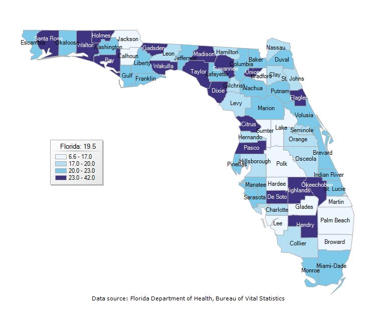 As shown in Figure 7 below, Highlands Co. ranks among Florida counties with the highest male smoking rates; its percentage is 23.3% as compared with the statewide male average of 19.5%.