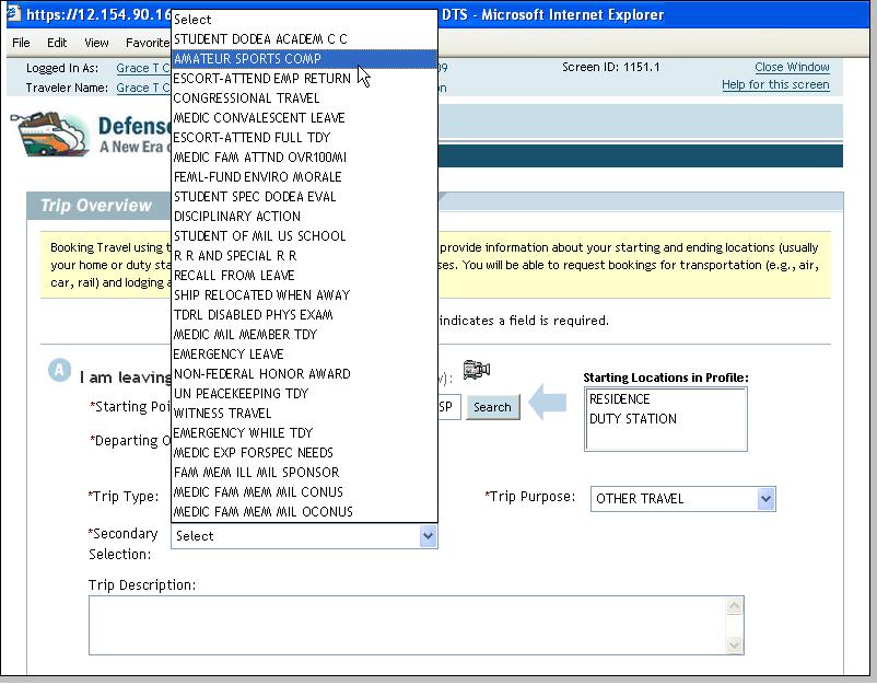 Figure 11-2: Secondary Selection List Note: The Secondary Selection drop-down list shown in Figure 11-2 is for a military member at an OCONUS location.