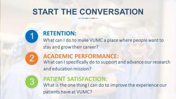 Help get the conversations started to support our organization goals and strategic priorities for Fiscal Year 2017, for example: Retention Goal: What can I do to make VUMC a place where people want