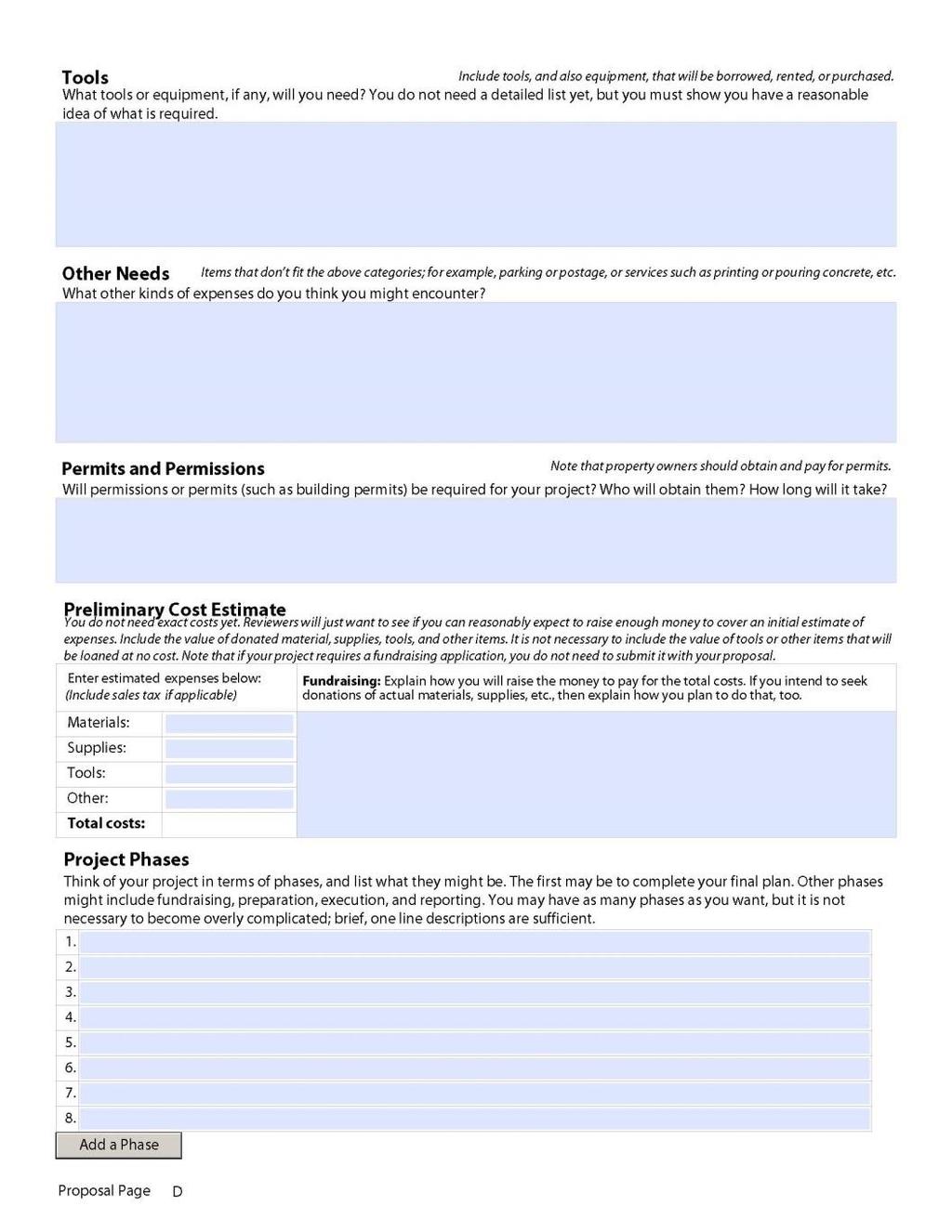 Proposal Page D Tools Other Needs Permits &