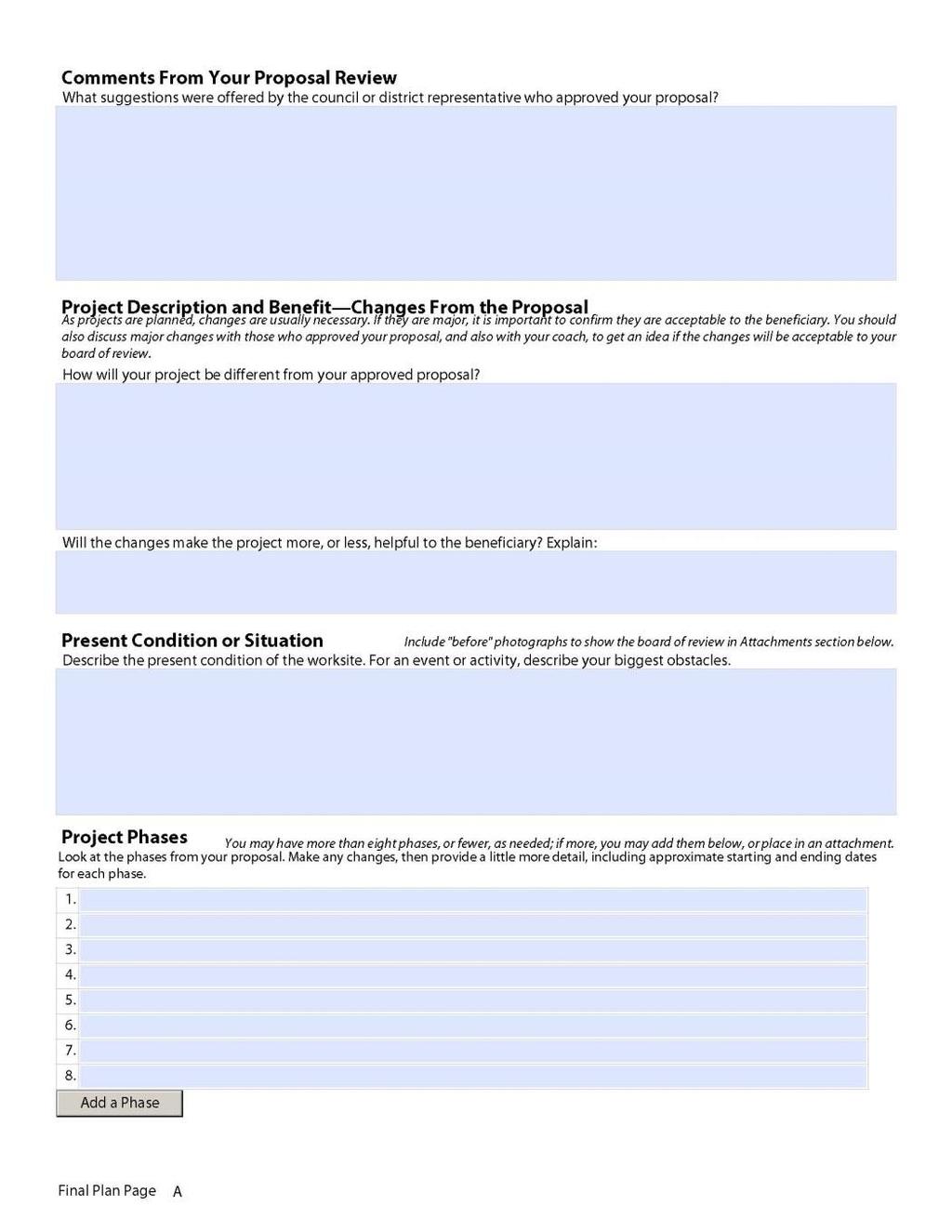 Final Plan Page A Completed by Eagle Candidate following Proposal Approval Comments From Your Proposal Review Project Description and Benefit Changes