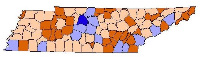 Tennessee s Entrepreneurial Counties: 3 Income per Nonfarm Proprietor, 2006 Less than half of U.S.