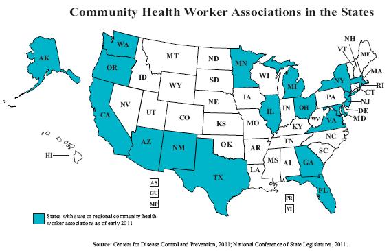 Program Data COMMUNITY HEALTH NEED ASSESSMENT PRIORITY: Economic Stability States with state or regional CHW associations as of early 2011 COMMUNITY HEALTH WORKERS (CHW) CAREER PATHWAY Community