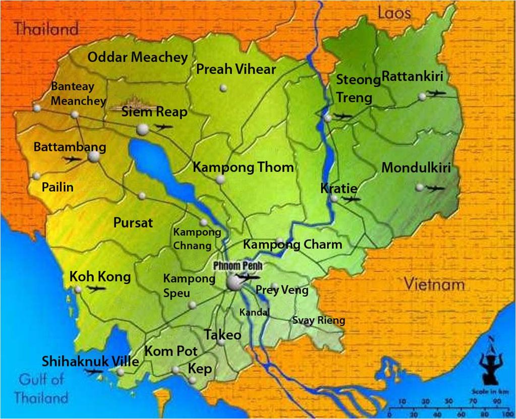 Basic Info About Cambodia Location: South East Asia Border countries: Laos 541km; Thailand 803km; Vietnam 2,338km Coastline: 443km