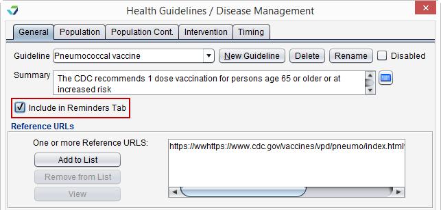 To enable a Health Guideline for use in Patient Reminders: 1. Go to Tools > Preferences > CLINIC > Health Guidelines/Disease Management > Begin Edit 2.