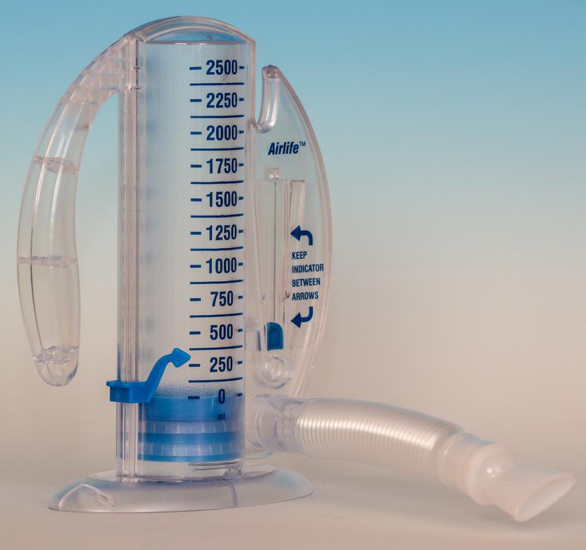 How to Use the Incentive Spirometer AFTER SURGERY 1. Sit up. 2. Hold the incentive spirometer in an upright position. 3. Breathe out normally. 4.