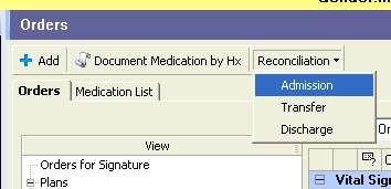 6. Do the Admission Medication Reconciliation by clicking on Reconciliation and then Admission. 7. Click on the appropriate radio button to continue a medication, or to discontinue a medication.