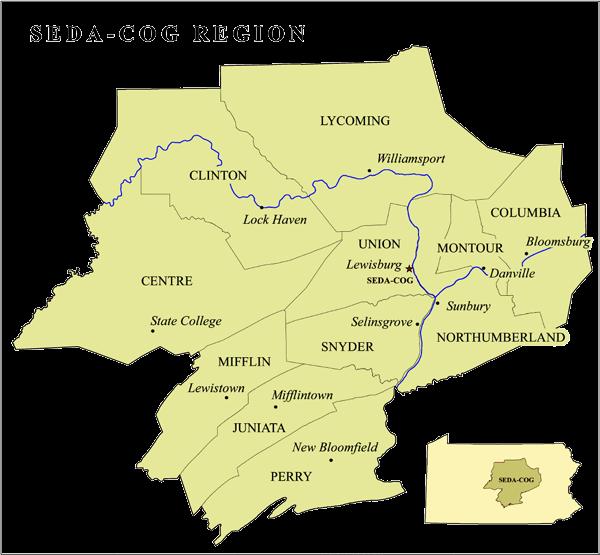 The Setting S E D A - C O G R E G I O N The 11-county SEDA-COG region (Centre, Clinton, Columbia, Juniata, Lycoming, Mifflin, Montour, Northumberland, Perry, Snyder, and Union counties) is