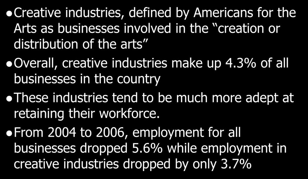 A Look at Creative Industries in CB9 Manhattan Creative industries, defined by Americans for the Arts as businesses involved in the creation or distribution of the arts Overall, creative industries