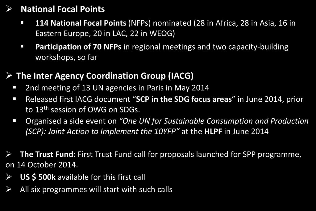Building the 10YFP organisational structure National Focal Points 114 National Focal Points (NFPs) nominated (28 in Africa, 28 in Asia, 16 in Eastern Europe, 20 in LAC, 22 in WEOG) Participation of