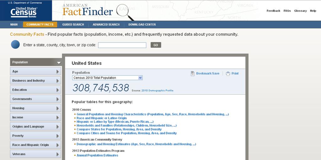 Social Determinants of Health U.S. Census American Fact Finder: http://factfinder.