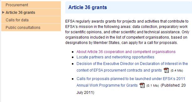 Planned Grants on EFSA s website