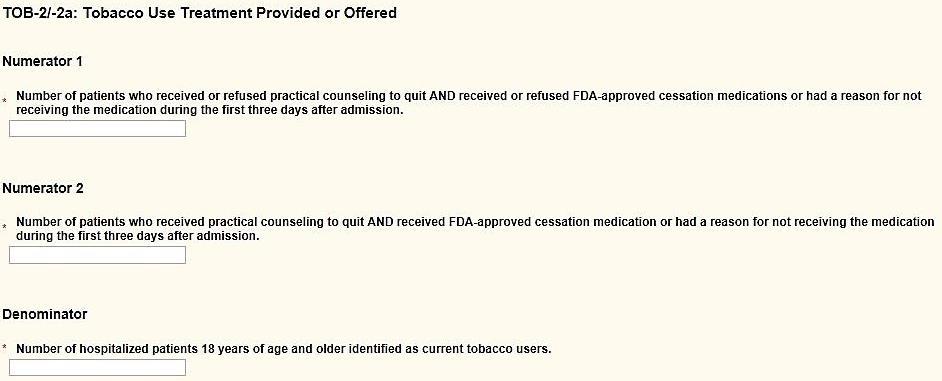 TOB-2/-2a Tobacco Use Treatment Provided or Offered TOB-3/-3a Tobacco