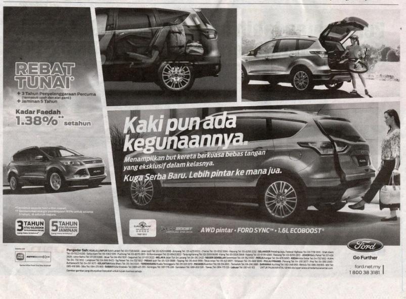 Penterjemahan Gaya Bahasa daripada Bahasa Inggeris kepada Bahasa Melayu dalam Baris Kepala Iklan Haslina Haroon (Sumber: The Star, 1 Mac 2014) Iklan kereta Ford Kuga ini, seperti dalam Rajah 9,