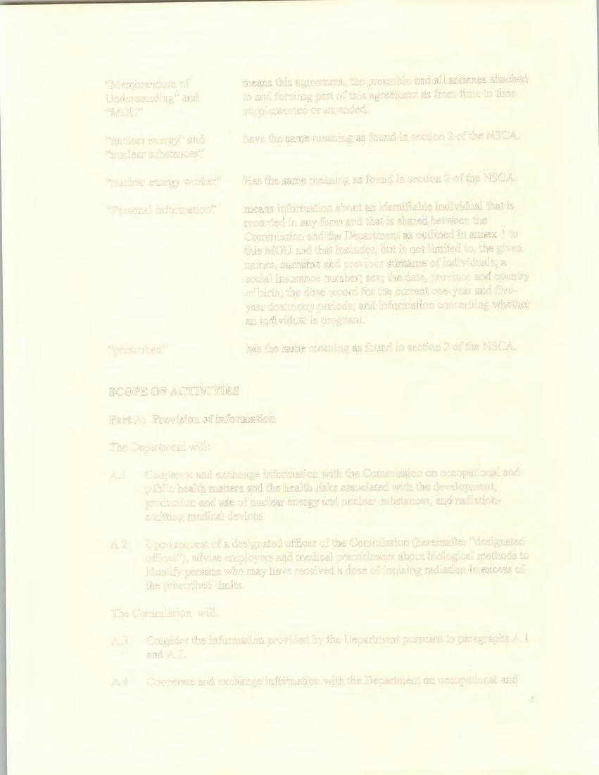 "Memorandum of Understanding" and "MOU" "nuclear energy" and "nuclear substances" "nuclear energy worker" "Personal Information" "prescribed" means this agreement, the preamble and all annexes