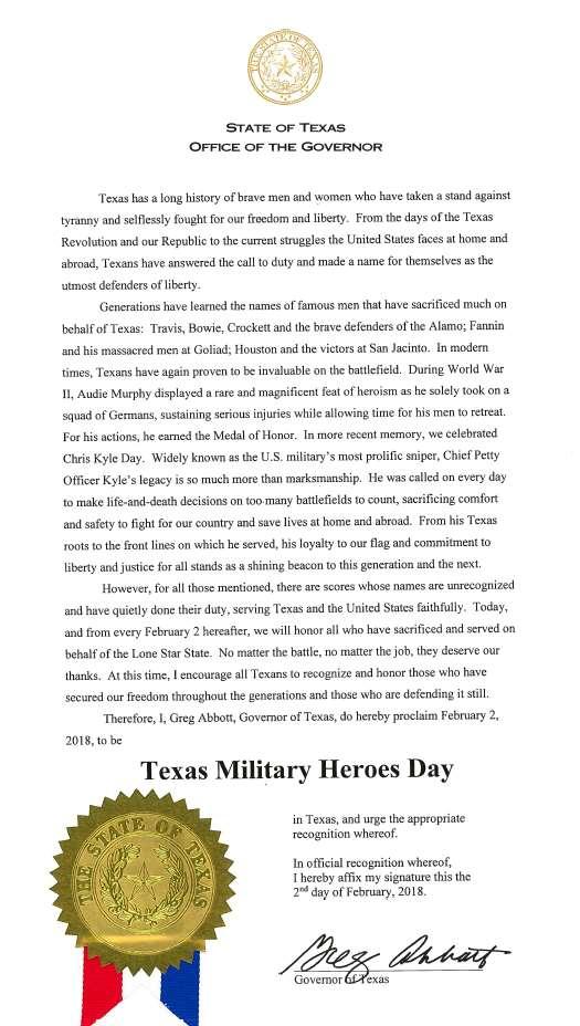 Legislative Updates 85th Texas Legislature, Regular Session 2017; SB 1901 Texas Military Heroes Day Statue adds new Texas Education Code 29.