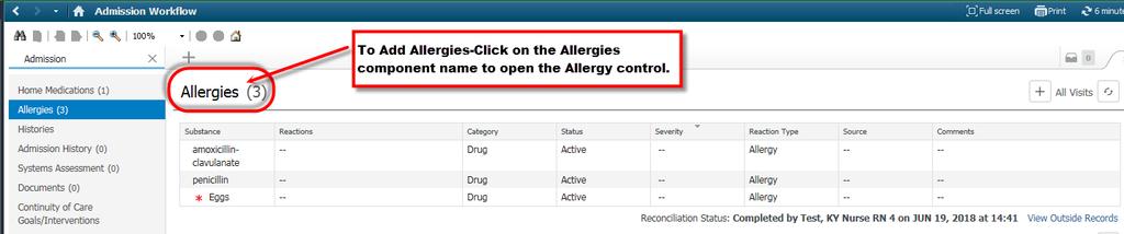 Admission Workflow mpages Allergies Next, click on