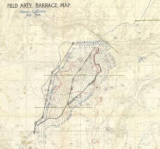 Field Artillery barrage map showing the lifts, the 10 minute halt line, and protective barrage zone during consolidation of the final objective.