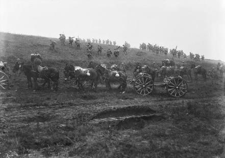 The 15th Brigade start their advance in pursuit of the retreating enemy around 8:20am (2nd phase of the battle), 8 August 1918. Note the remnants of the fog.
