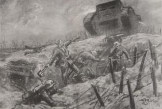 A German illustration (1926) of the fighting on 8 August 1918, showing the approach of a British Mark V tank to a German trench.