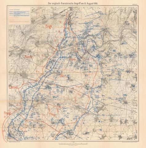 German perspective of Fourth Army s attack on 8 August. This map includes III Corps, Australian Corps and Canadian Corps dispositions.