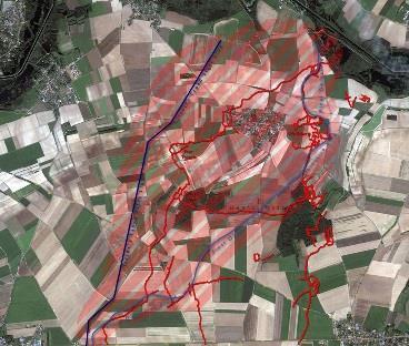 The Hamel battlefield shown in Google maps. Key German trench systems, the infantry start line, final infantry objective line and the footprint of the battlefield have been overlaid.