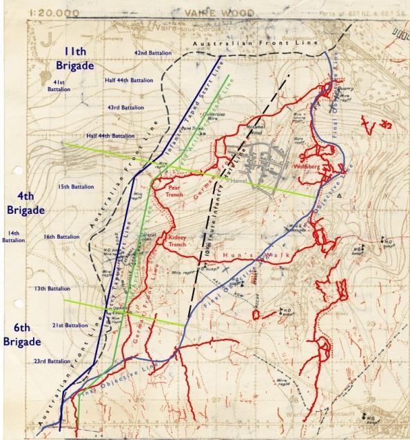 Trench map of the Hamel battlefield, overlaid with the disposition of attacking units, main features and objectives.