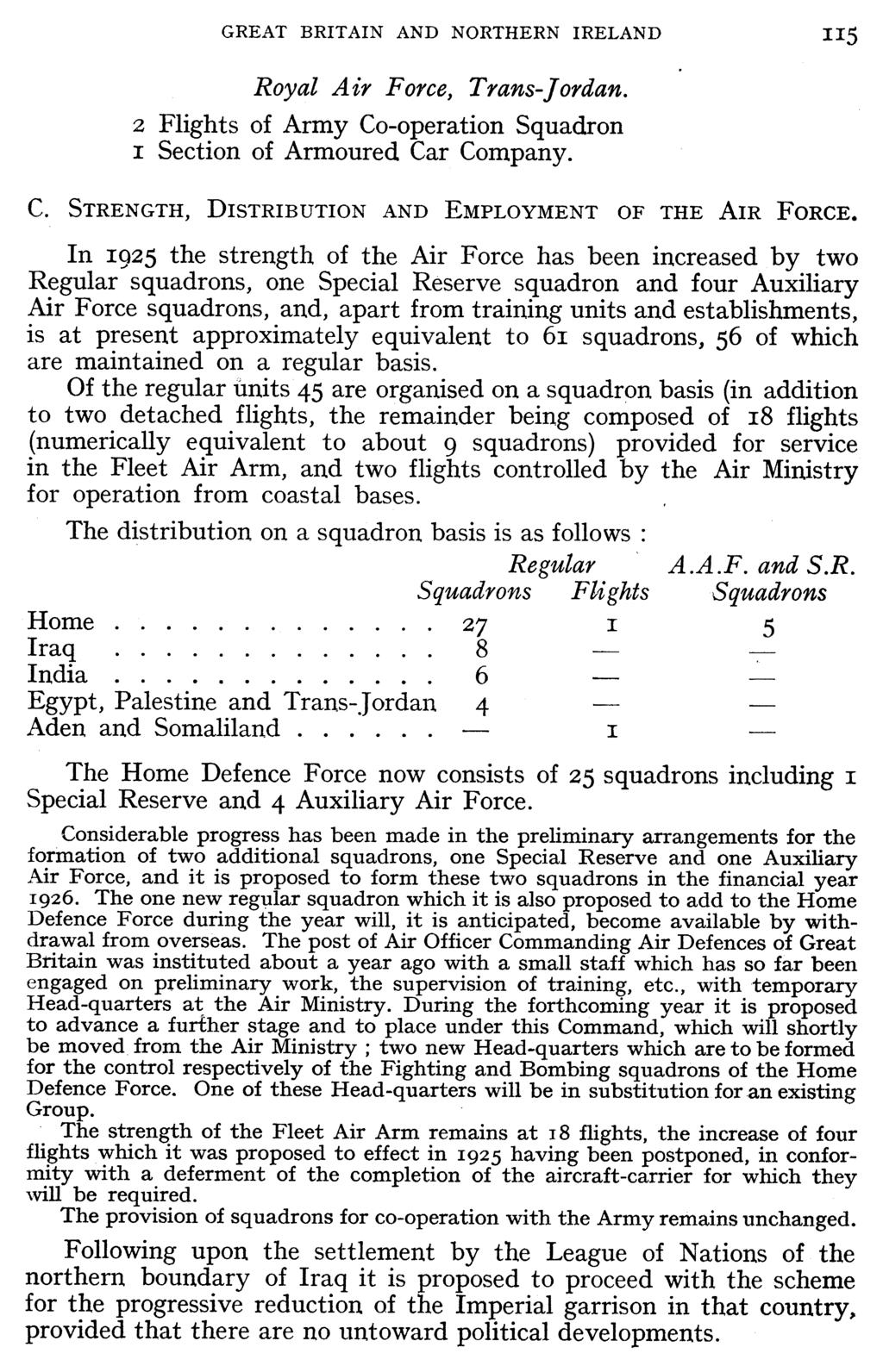 GREAT BRITAIN AND NORTHERN IRELAND 115 Royal Air Force, Trans-Jordan. 2 Flights of Army Co-operation Squadron I Section of Armoured Car Company. C. STRENGTH, DISTRIBUTION AND EMPLOYMENT OF THE AIR FORCE.