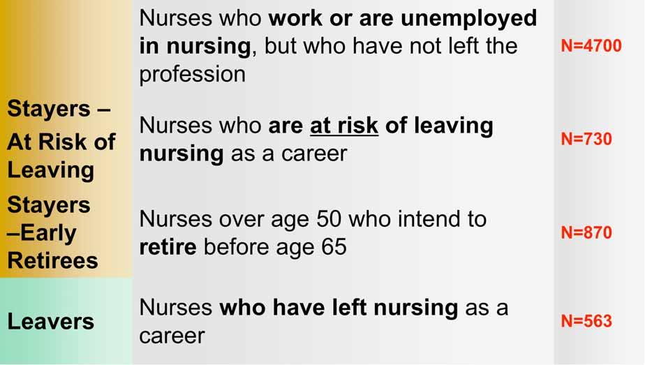 Paths Defined Stayers Stayers At Risk of Leaving Stayers Early Retirees Leavers Nurses who work or are unemployed in nursing, but who have not left the profession Nurses