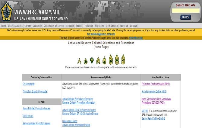 ahrs.army.mil, see [Figure 13(A)]. Click on Promotion Worksheet. (A) Figure 7- AHRS Web Portal 2. From the HRC website https://www.hrc.army.mil/site/active/select/enlisted.