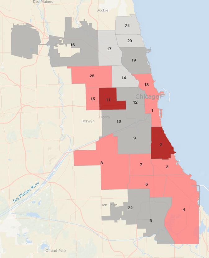 In Figures 17 and 18, Lighter Grey signifies those districts with a substantially lower number of complaints, Grey signifies those districts that are below average, Red signifies those districts that