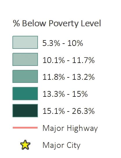 ADULTS LIVING IN POVERTY Poverty is measured by the percent of residents at or below the Federal Poverty Line, and is a key component of access.
