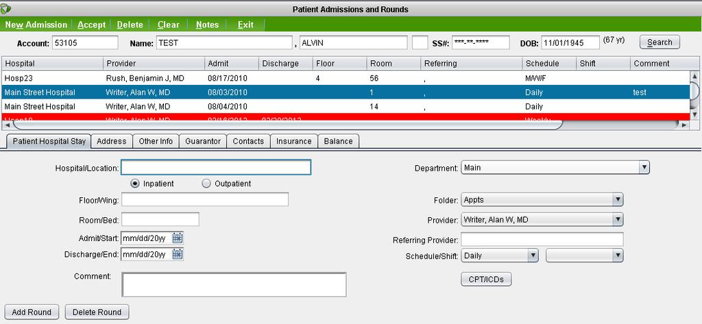 Add a new Admission Select the desired patient using the normal emedsys search crieria. All previous admissions will be displayed in the top grid.