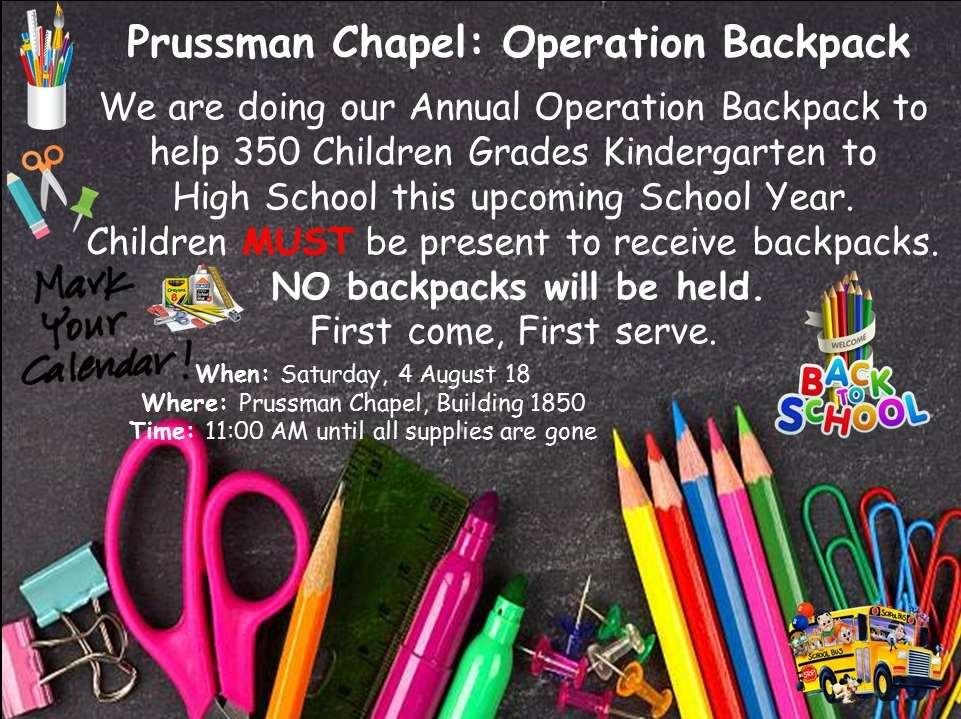 PRUSSMAN CHAPEL: OPERATION BACKPACK RED CROSS DENTAL TRAINING The American Red Cross Dental Assistant Training Program is coming up. Applications will be released beginning Aug. 1 at 8 a.m. in the Red Cross Office (room 1011) at Evans Army Community Hospital.