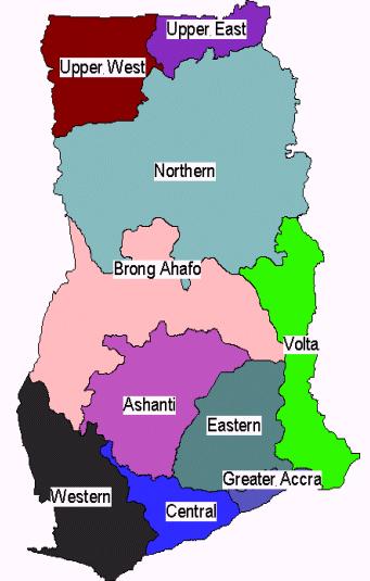 Background information G hana has ten administrative regions and had 110 districts until October 2004, when the government created 28 new districts, to bring the total to 138.