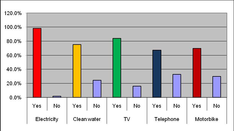 , there are 98,2% of respondents having electricity, 75,4% having clean water, 83,9% having TV, 67,1% having telephone, and 69,9% having motorbike.