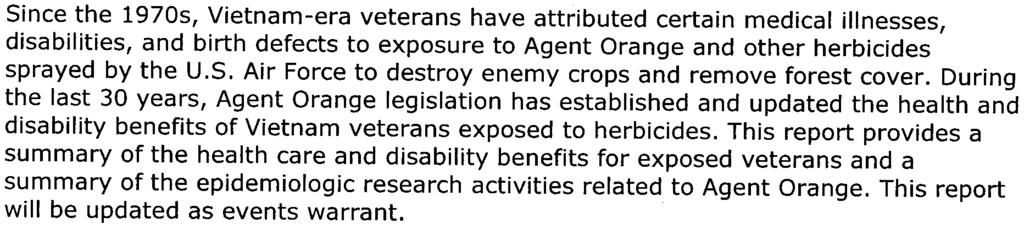 Veterans and Agent Orange: Eligibility for Health Care and Benefits Page 1 of 7 Search for CRS Products Congressional Research Service 7-6700 j www.