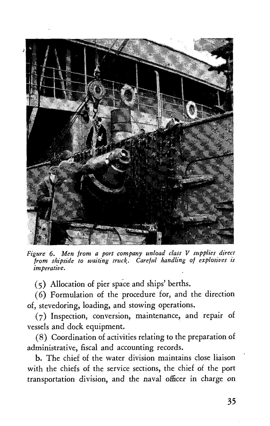 Figure 6. Men from a port company unload class V supplies direct from shipside to waiting truck. Careful handling of explosives is imperative. (5) Allocation of pier space and ships' berths.