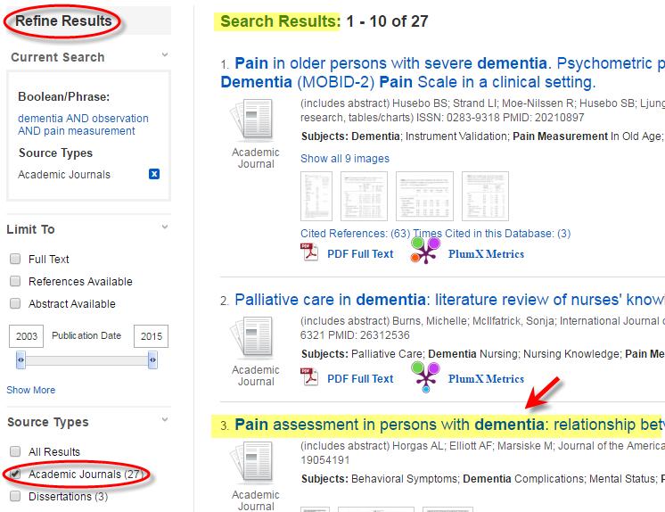 CINAHL Search Results: Refine Dementia AND Observation AND Pain