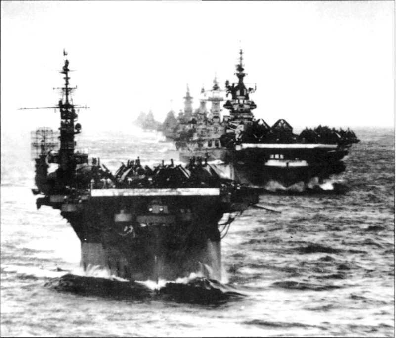 The fighting 57 Task Group 38.3 of Halsey's Third Fleet returning to its base in the Palaus after air strikes against Japanese airfields in the Philippines in September 1944.